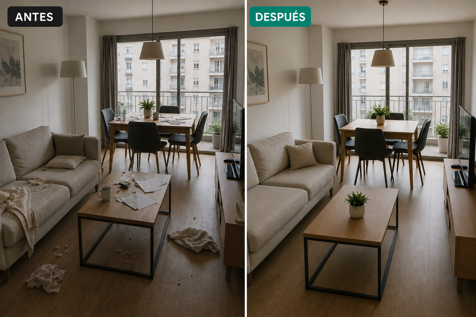 Comparativa antes y después de la limpieza de un salón de apartamento turístico